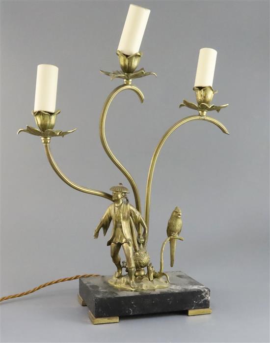 A gilt bronze and brass three light table lamp, modelled with a Chinese figure and parrot